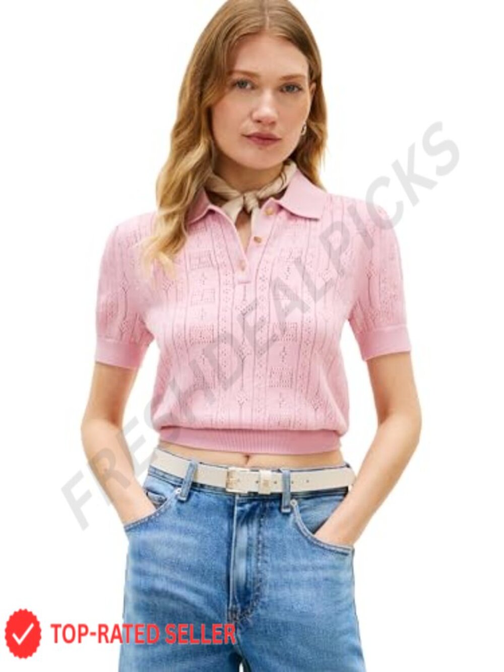 Womens Pointelle Knit Cropped Polo Sweater Puff Sleeve Cotton Short Sleeve